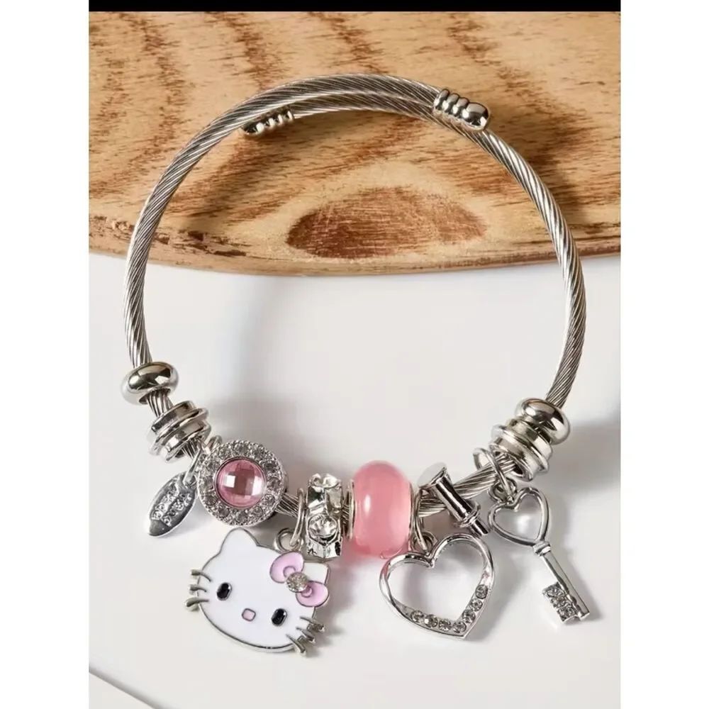 Hello Kitty Pink & Silver Charm Bangle Bracelet